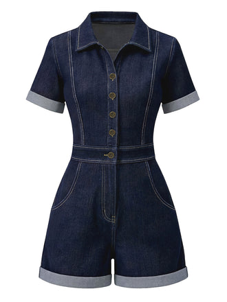 [Vorverkauf] Dunkelblau 1960er Hemd Kragen Denim Romper