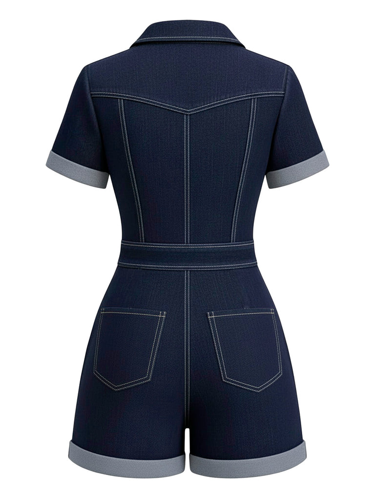 Dunkelblau 1960er Hemd Kragen Denim Romper