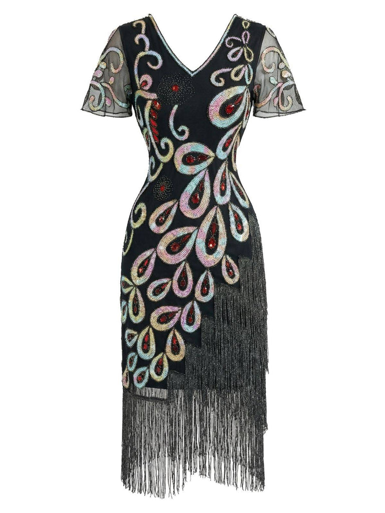 Schwarz 1920er Pfau Pailletten Perlen Fransen Flapper Kleid
