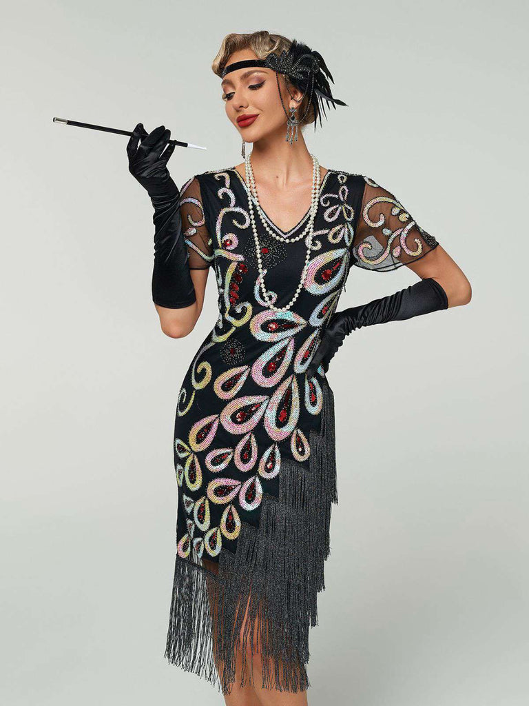 Schwarz 1920er Pfau Pailletten Perlen Fransen Flapper Kleid