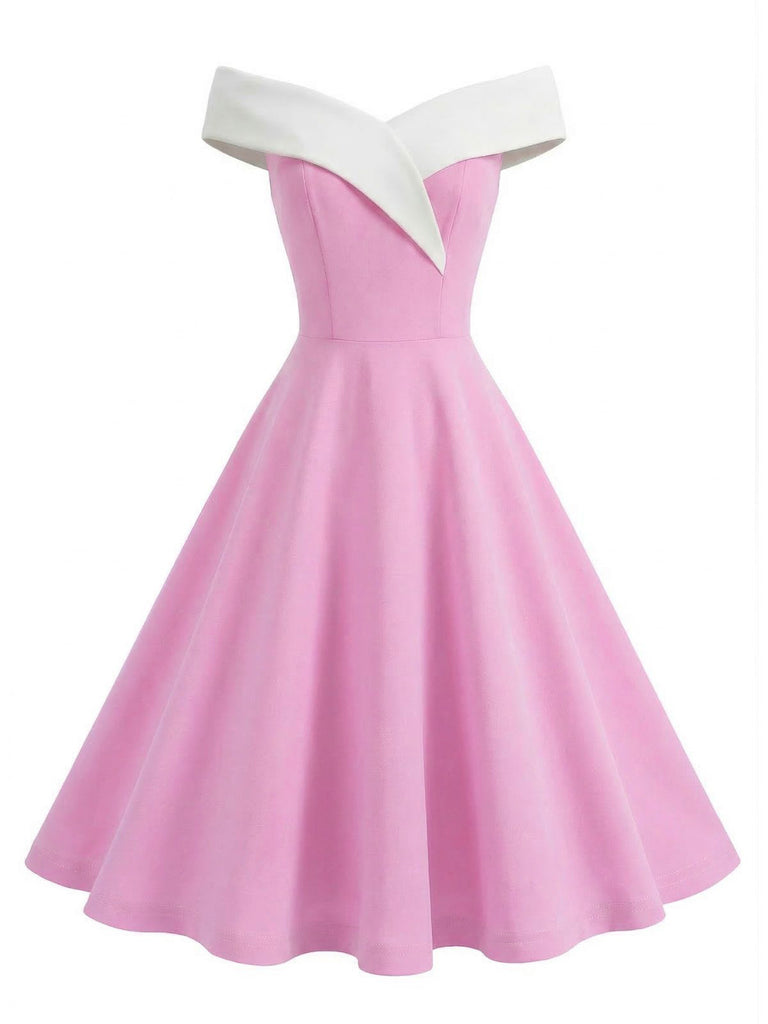1950er Schulterfrei Ärmellos Farbblock Kleid