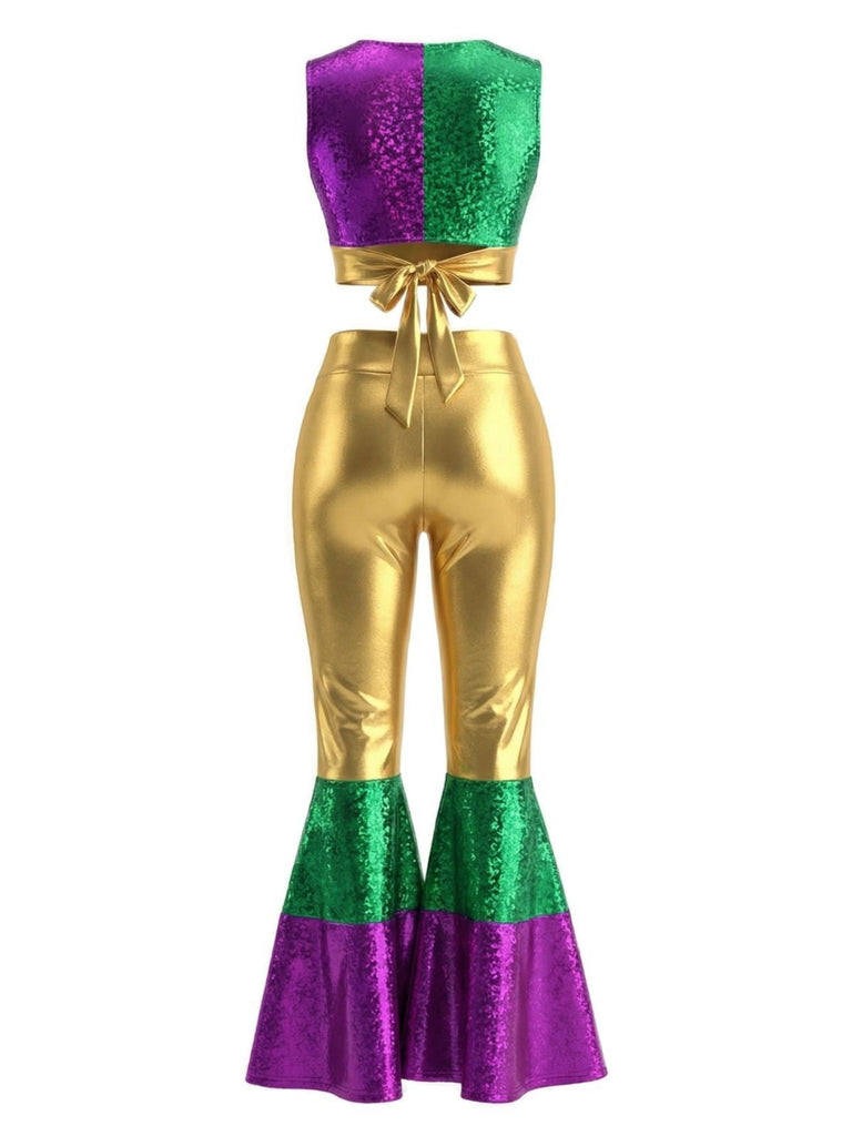 2PCS Multicolor 1970er Metallic Kurz Top & Schlag Hose