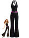 Schwarz 1970er Disco Pailletten Halter Ausgestellt Jumpsuit