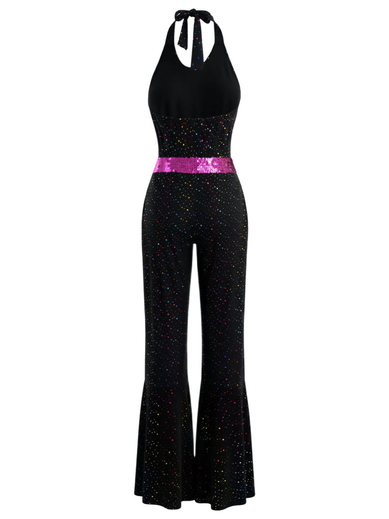 Schwarz 1970er Disco Pailletten Halter Ausgestellt Jumpsuit