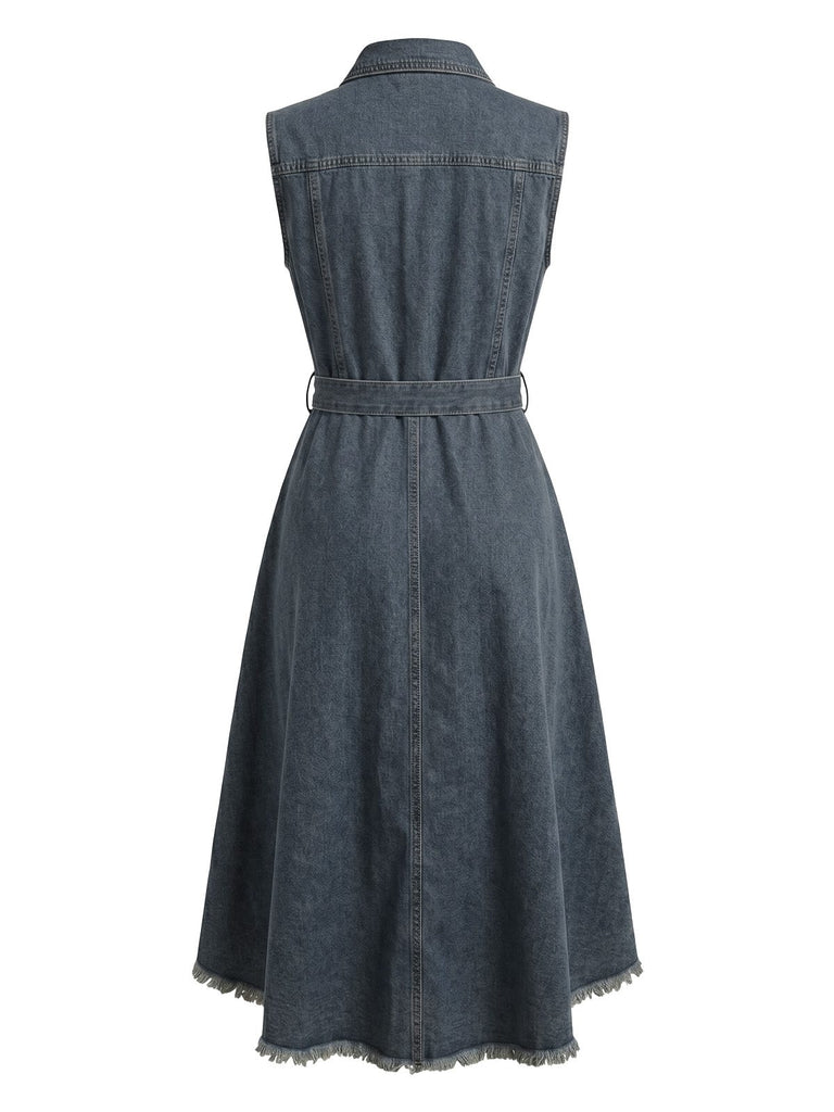 Hellblau 1950er Ärmellos Asymmetrischer Saum Jeansstoff Kleid