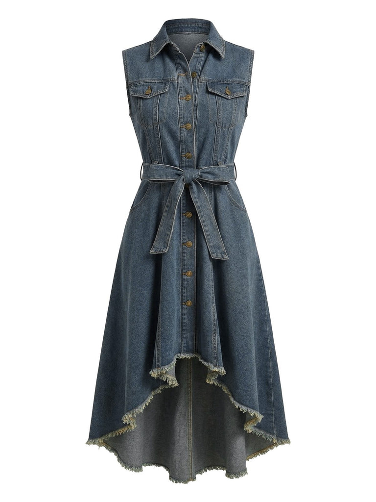 Hellblau 1950er Ärmellos Asymmetrischer Saum Jeansstoff Kleid