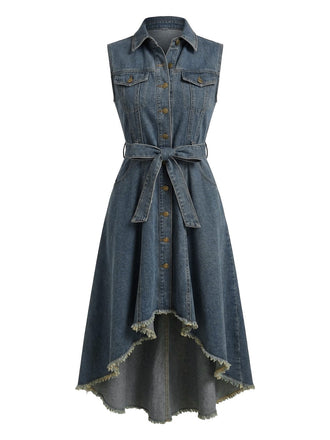 Hellblau 1950er Ärmellos Asymmetrischer Saum Jeansstoff Kleid