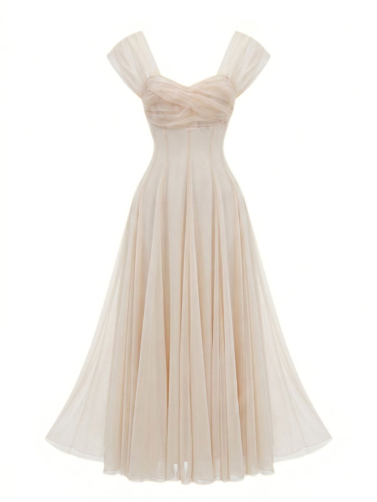 1930er Herzausschnitt Flügelärmel Netz Fischbein Kleid