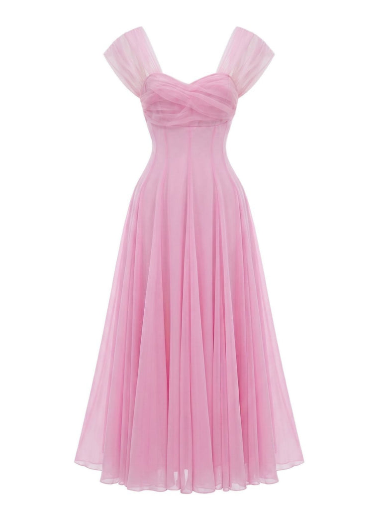1930er Herzausschnitt Flügelärmel Netz Fischbein Kleid