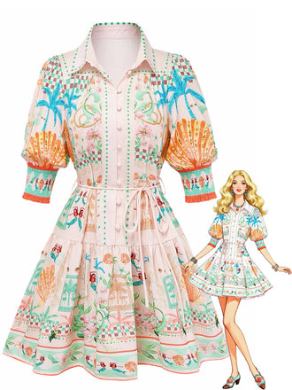 Orangefarbenes 1970er Boho-Pastelldruck-Knopf-Kleid mit Taillenbund