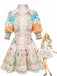 Orangefarbenes 1970er Boho-Pastelldruck-Knopf-Kleid mit Taillenbund