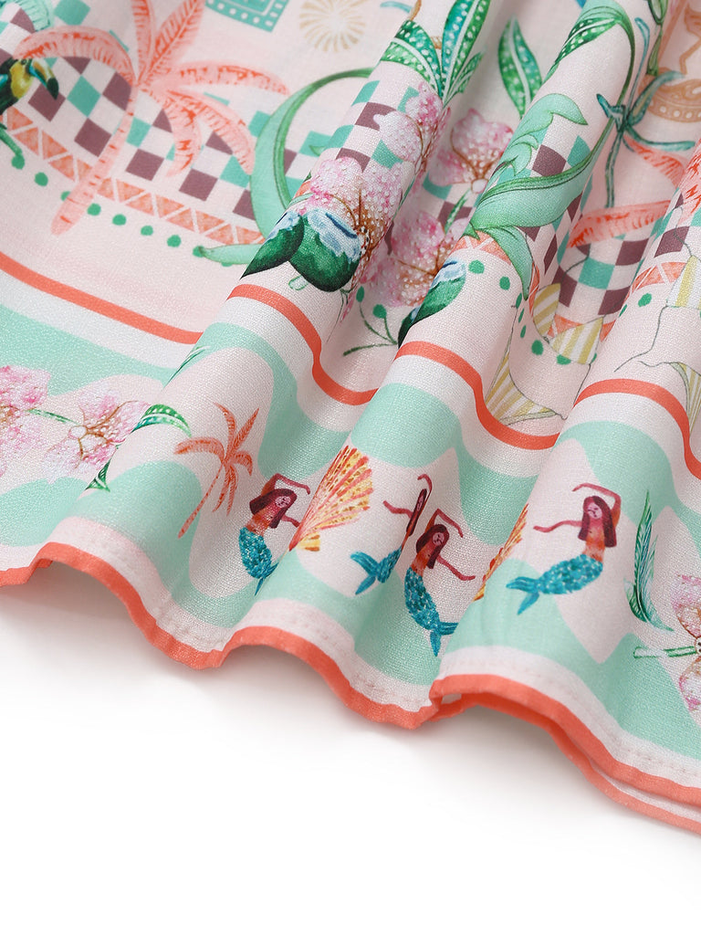Orangefarbenes 1970er Boho-Pastelldruck-Knopf-Kleid mit Taillenbund