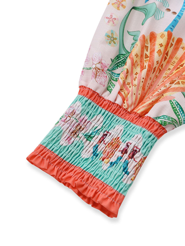 Orangefarbenes 1970er Boho-Pastelldruck-Knopf-Kleid mit Taillenbund