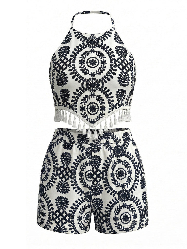 70er Top & Shorts mit Neckholder und Blumen