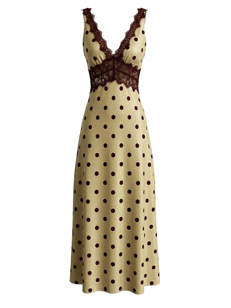 Khaki 1930er V-Ausschnitt Polka Dot Spitzenbesatz Ärmelloses Kleid