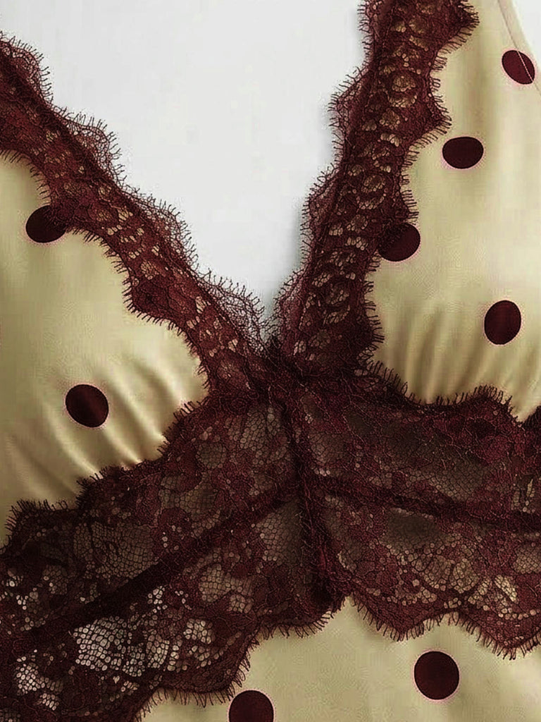 Dunkelkhakifarbenes, gepunktetes Maxikleid aus Spitze im Stil der 1930er Jahre mit Neckholder, Größe 5