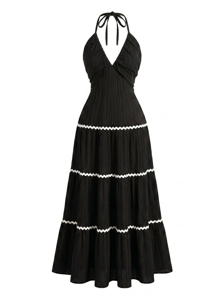 Schwarz 1930er Halter Rückenfrei Farbblock Maxi Kleid