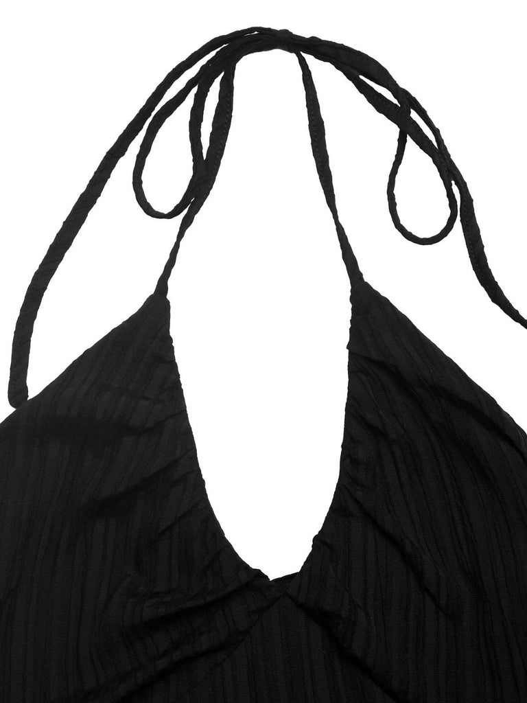 Schwarz 1930er Halter Rückenfrei Farbblock Maxi Kleid