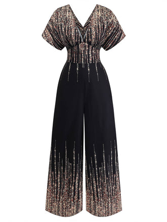 Schwarzer 50er Jumpsuit mit V-Ausschnitt und Hohe Taille