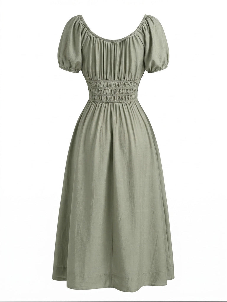 Grünes Boho-Kleid im Stil der 1950er Jahre mit eckigem Ausschnitt und Puffärmeln, Größe 3