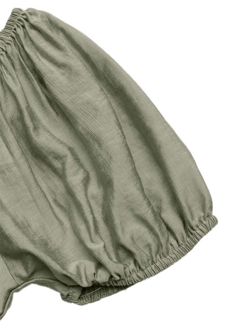 Grünes Boho-Kleid im Stil der 1950er Jahre mit eckigem Ausschnitt und Puffärmeln, Größe 4