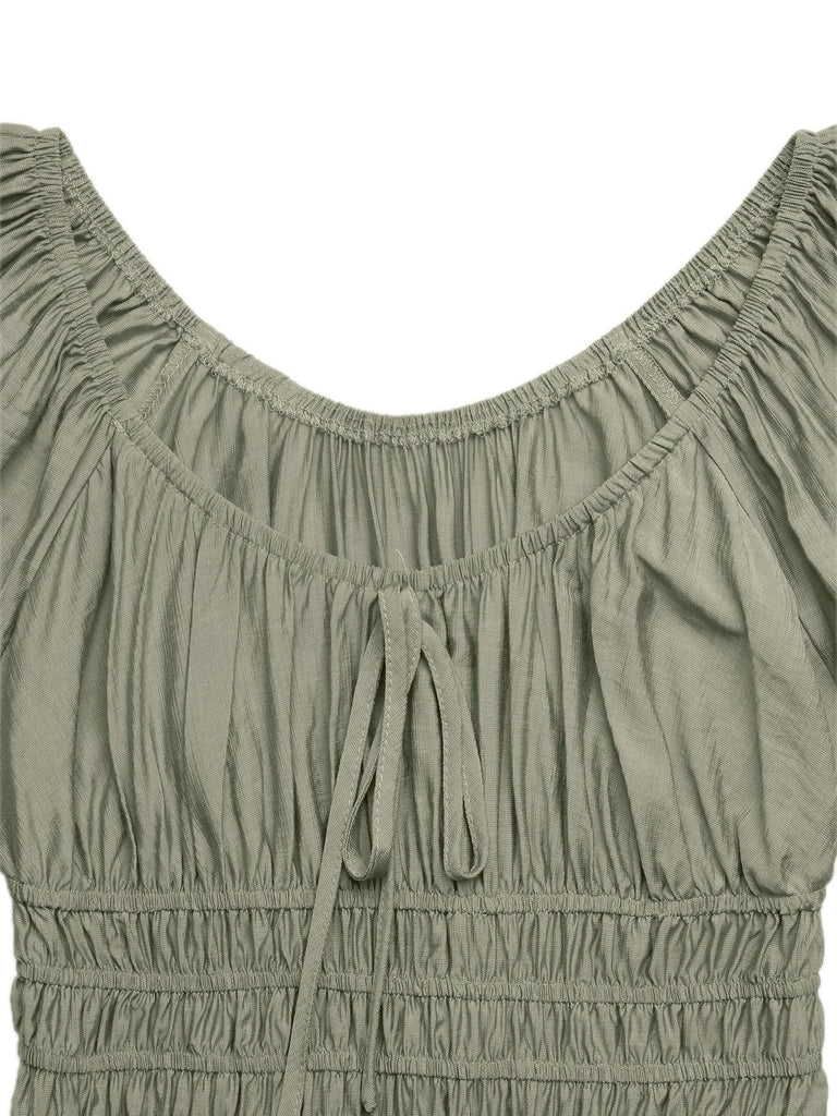Grünes Boho-Kleid im Stil der 1950er Jahre mit eckigem Ausschnitt und Puffärmeln, Größe 8