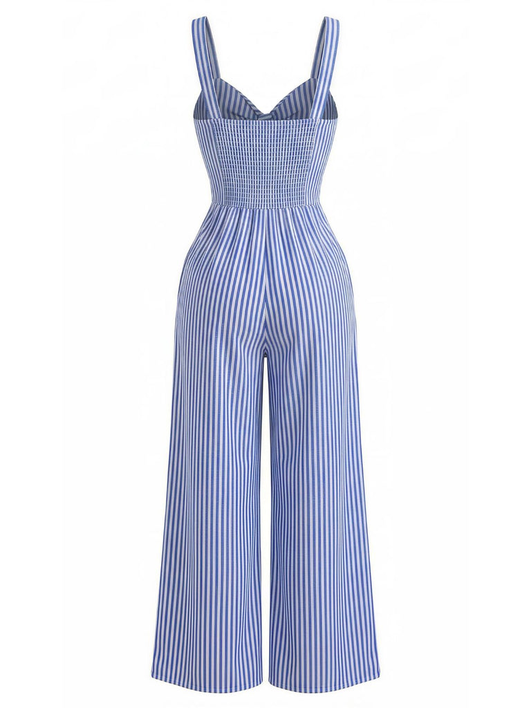 Blauer, gestreifter Jumpsuit im Stil der 1950er Jahre mit V-Ausschnitt und Neckholder, Größe 3