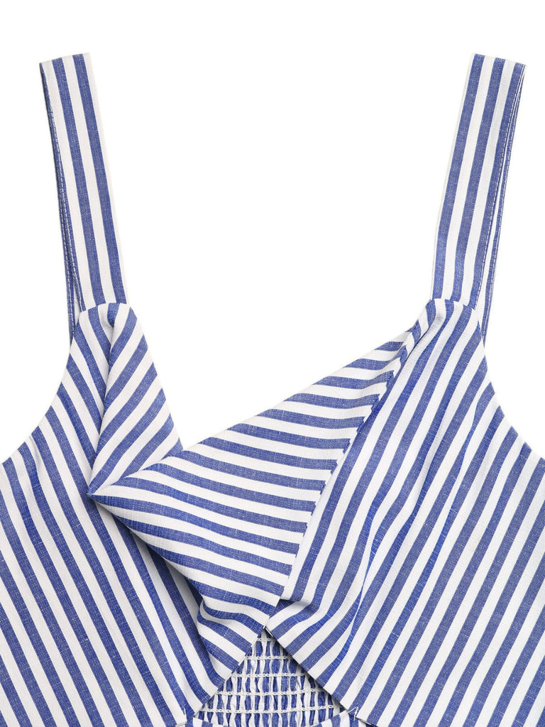 Blauer, gestreifter Jumpsuit im Stil der 1950er Jahre mit V-Ausschnitt und Neckholder, Größe 6