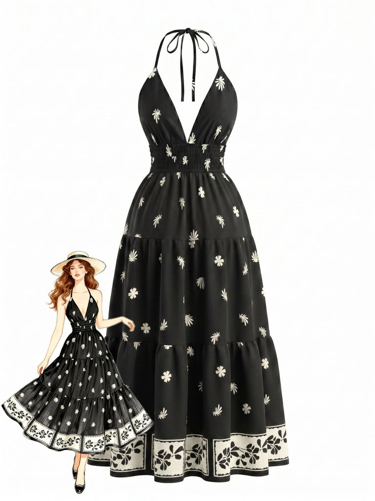 Schwarzes 70er Bohemian Maxikleid mit Neckholder und rückenfrei
