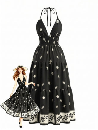 Schwarzes 70er Bohemian Maxikleid mit Neckholder und rückenfrei