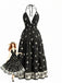 Schwarzes 70er Bohemian Maxikleid mit Neckholder und rückenfrei