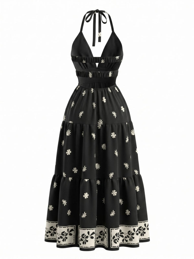 Schwarzes 70er Bohemian Maxikleid mit Neckholder und rückenfrei