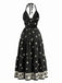 Schwarzes 70er Bohemian Maxikleid mit Neckholder und rückenfrei