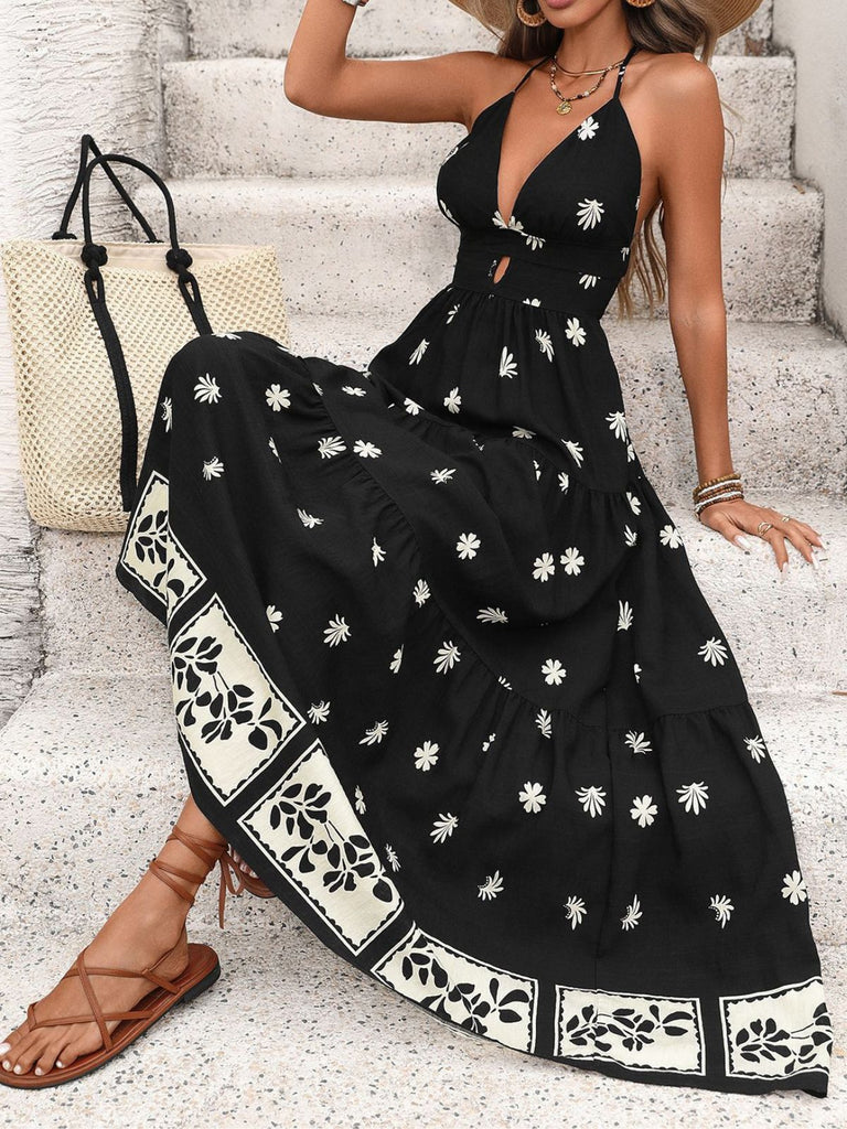 Schwarzes 70er Bohemian Maxikleid mit Neckholder und rückenfrei