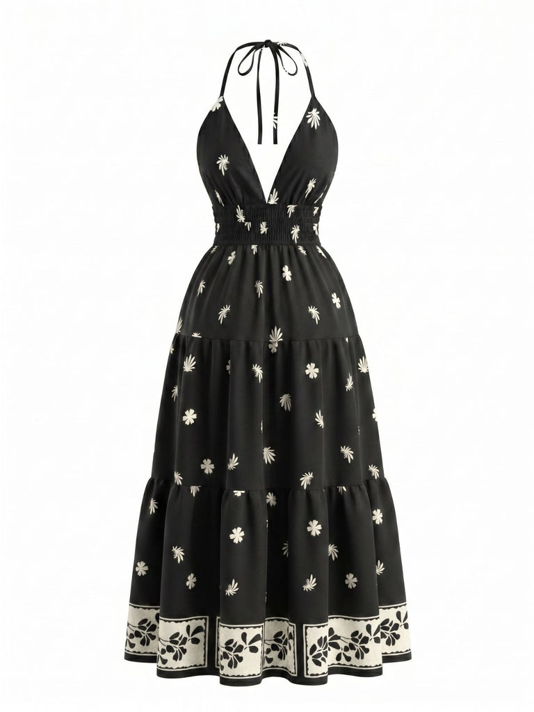 Schwarzes 70er Bohemian Maxikleid mit Neckholder und rückenfrei