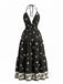 Schwarzes 70er Bohemian Maxikleid mit Neckholder und rückenfrei