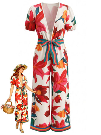 Rot 1980er Blumen Kurzarm Weites Bein Gürtel Jumpsuit
