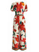 Rot 1980er Blumen Kurzarm Weites Bein Gürtel Jumpsuit