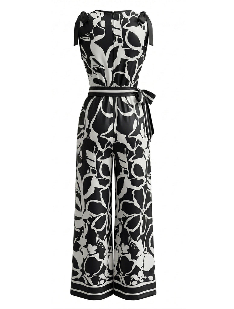Ärmelloser Jumpsuit mit Blumenmuster und weitem Bein im Stil der 1970er Jahre, V-Ausschnitt, Größe 3