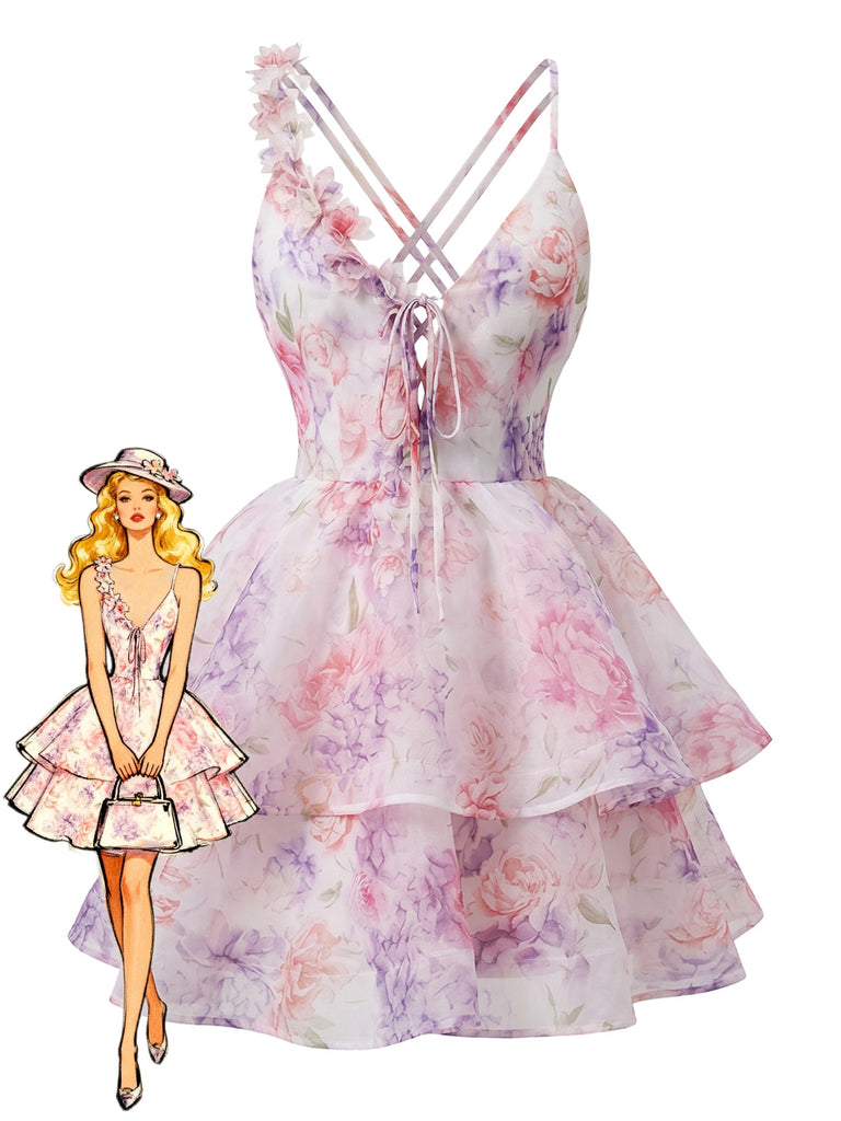 Pink 1960er Plunging 3D Blume Gestuft Rückenfreies Minikleid