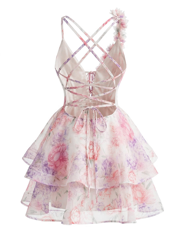 Pink 1960er Plunging 3D Blume Gestuft Rückenfreies Minikleid
