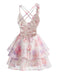 Pink 1960er Plunging 3D Blume Gestuft Rückenfreies Minikleid