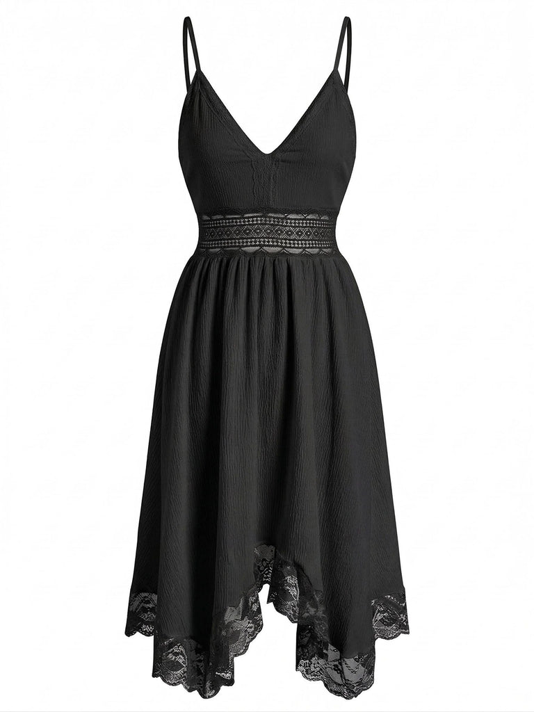 70er Kleid mit V-Ausschnitt, Spaghettiträgern und Struktur-Spitze