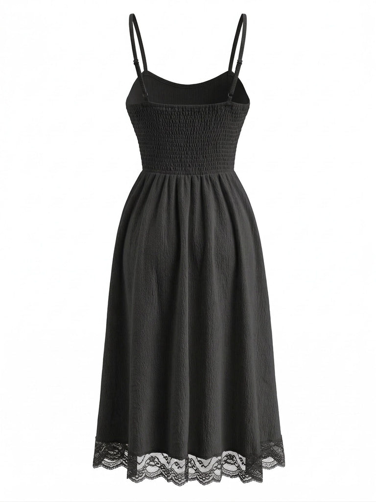 70er Kleid mit V-Ausschnitt, Spaghettiträgern und Struktur-Spitze