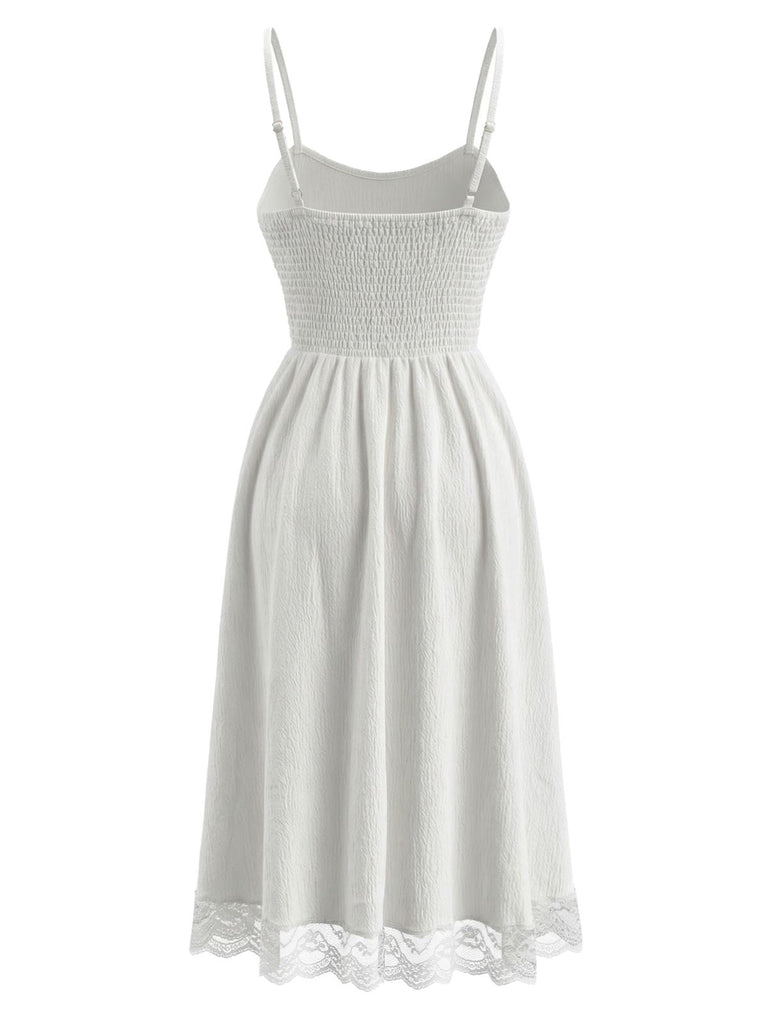 70er Kleid mit V-Ausschnitt, Spaghettiträgern und Struktur-Spitze