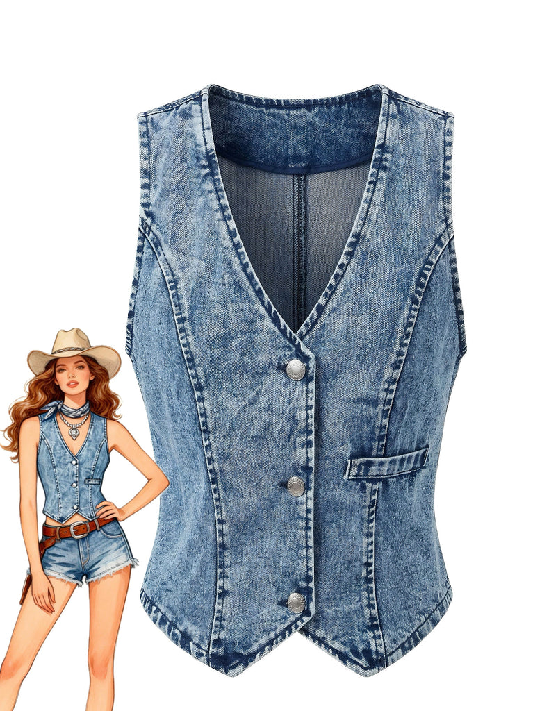 Ärmelloses, ärmelloses Jeans-Top im Stil der 1970er Jahre mit V-Ausschnitt und Knöpfen