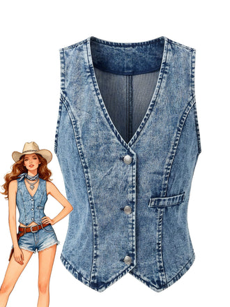 Ärmelloses, ärmelloses Jeans-Top im Stil der 1970er Jahre mit V-Ausschnitt und Knöpfen