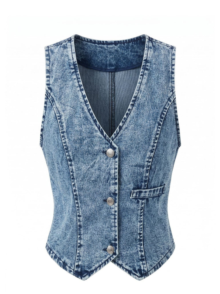 Blaues, ärmelloses Jeans-Top mit V-Ausschnitt und Knöpfen im Stil der 1970er Jahre, Größe 2