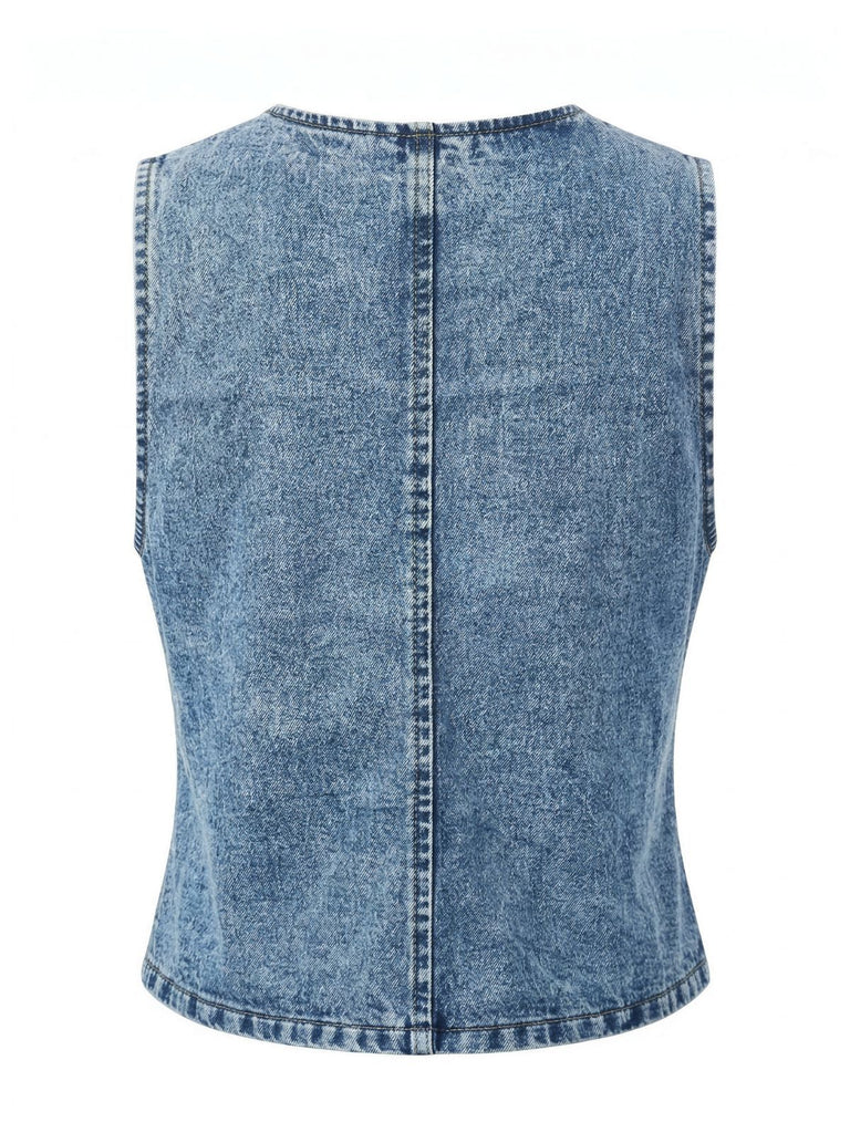 Blaues, ärmelloses Jeans-Top im Stil der 1970er Jahre mit V-Ausschnitt und Knöpfen, Größe 3
