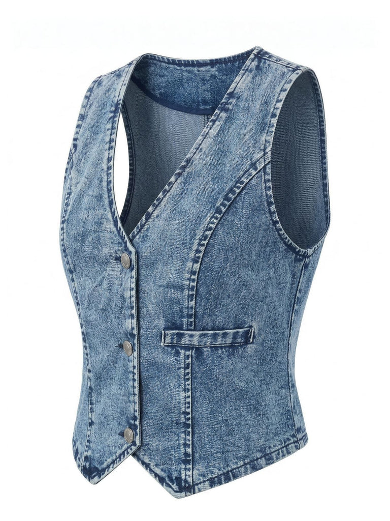 Blaues, ärmelloses Jeans-Top im Stil der 1970er Jahre mit V-Ausschnitt und Knöpfen, Größe 4